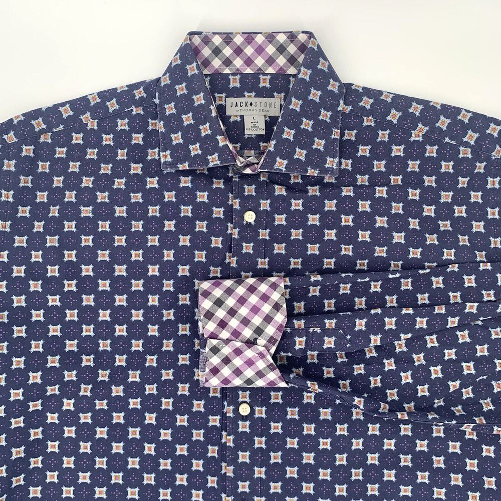 Jack Stone by Thomas Dean‎ Navy Blue Geometic Flip Cuff Men's Shirt Size Large